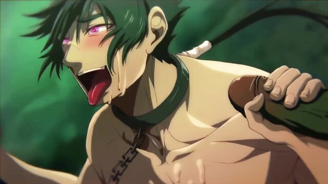 Green-haired anime twink slave throated by monster cock in goblin gangbang