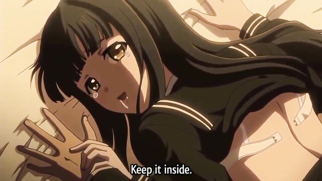 Busty black-haired schoolgirl pleads 'Keep it inside' during creampie