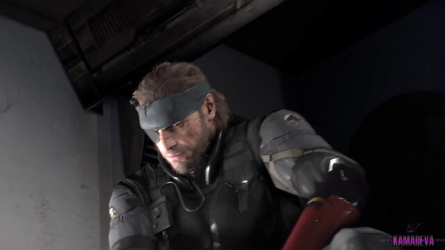 Solid Snake in tactical gear gets rough handjob from gas-masked girl