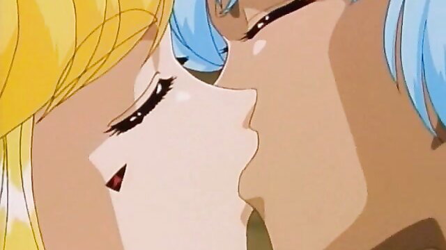 Blonde and blue-haired anime girls kissing intimately in steamy hentai scene