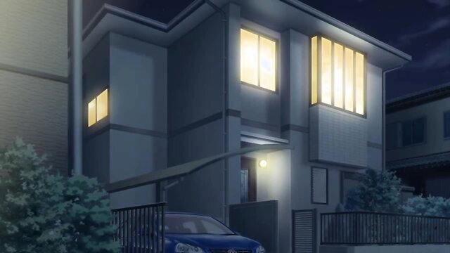 Anime house at night with lit windows, Demon Father Rebuild 2 parody