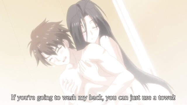 Anime couple in steamy bath embrace, nude girl hugs boy from behind