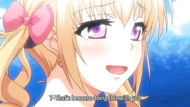 Blushing blonde anime schoolgirl with pink bow smiles cutely in JAV scene