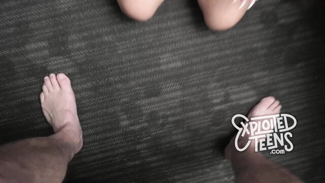 POV feet of amateur Latina teen with bushy bush and guy on gym mat