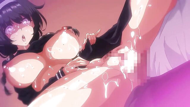 Purple-haired anime schoolgirl with huge tits in messy public bathroom creampie