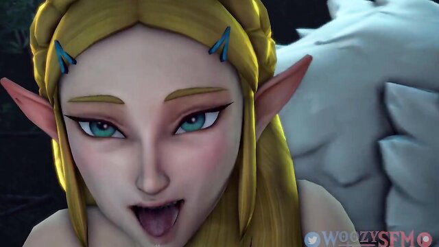 Zelda with mouth open, blue hair clips, elf ears, closeup face