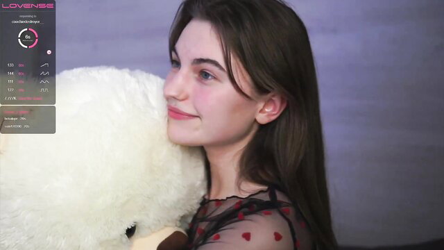 Chaturbate camgirl with teddy bear, sheer red dot top, sexy toy play