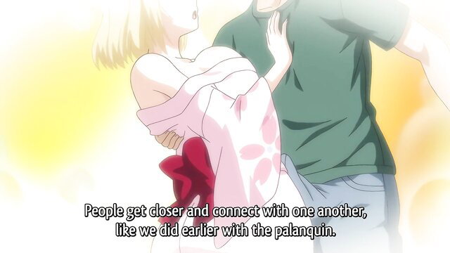 Anime girl in pink kimono hugs guy closely, connecting intimately