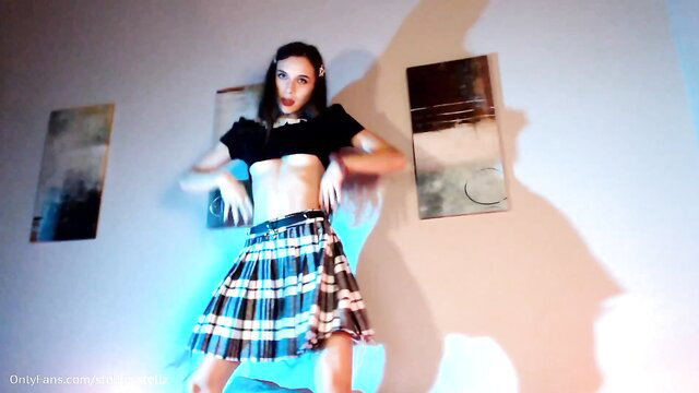 StellaRose topless in plaid miniskirt dances seductively