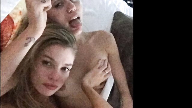 Miley Cyrus nude lesbian selfie with MILF, topless tits out tongue