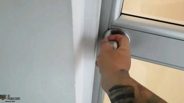 Tattooed hand grips door handle, teasing surprise wake-up blowjob POV