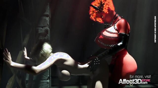Red futanari dominatrix with huge tits penetrates pale blonde in 3D hentai