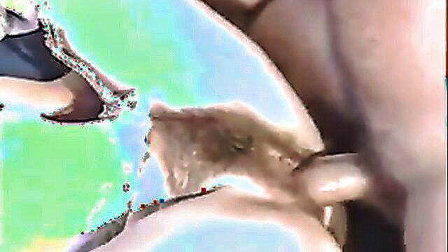 Closeup of thick cock rubbing hairy mature pussy lips