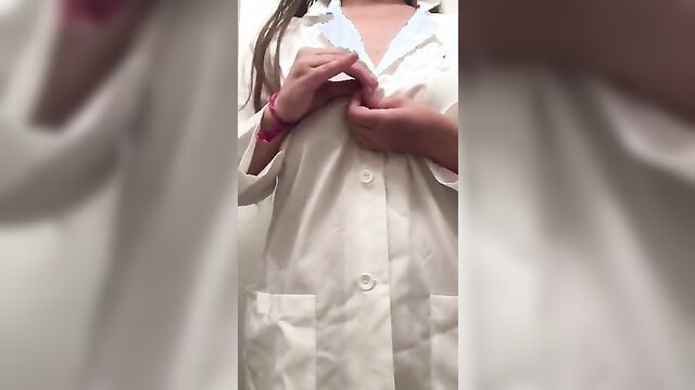 Hot wife unbuttoning white lab coat, teasing hairy pussy reveal