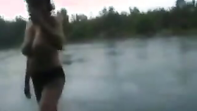 Mature Italian stepmom nude body walking in lake, big tits