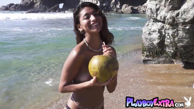 Carolina Reyes nude flexible Latina teen with coconut at beach