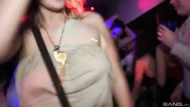 Hot party girls in sheer dresses start hardcore orgy at club