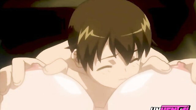 Anime guy motorboating massive tits in JAV hentai scene