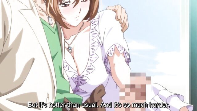 Hentai girlfriend in white dress groped by suited man, censored hard bulge
