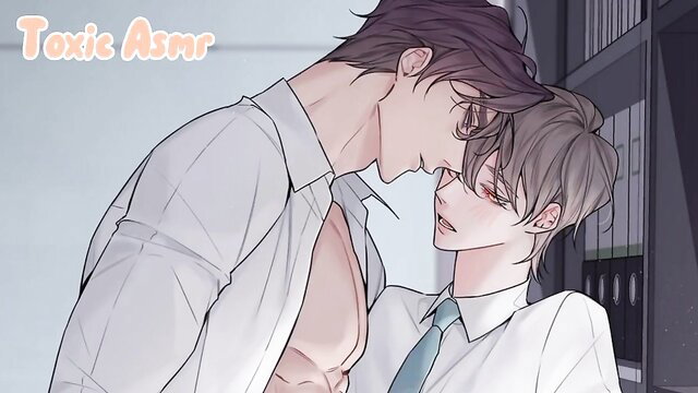 ToxicAsmr toxic yaoi couple intimate office kiss, muscular shirtless man dominant embrace