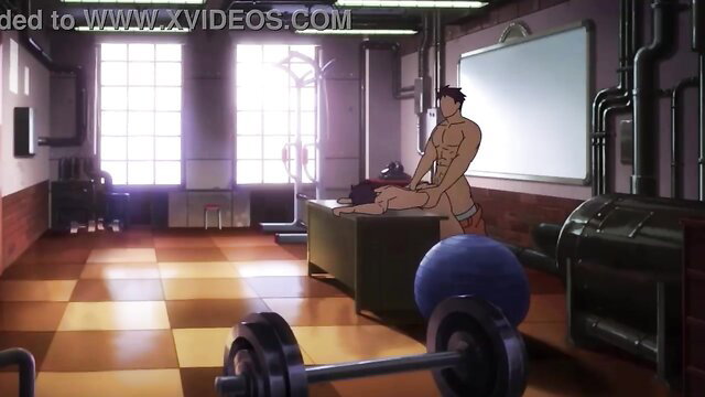 Muscular anime hunk in speedo gropes gym bench slut, hentai tease