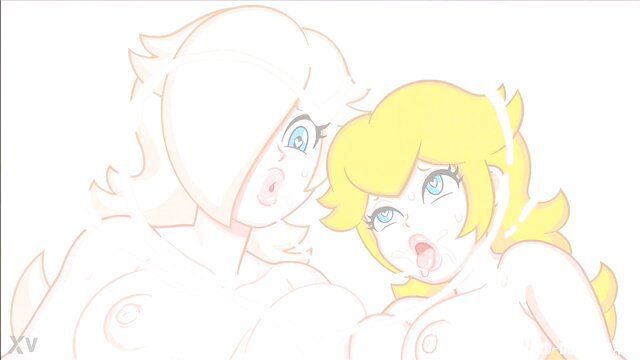 Nude Rosalina and busty Peach with open mouths closeup