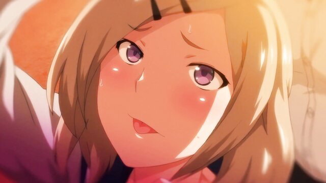Blushing busty blonde anime schoolgirl in swimsuit teases with tongue out