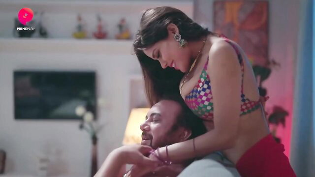 Curvy Indian bhabhi in sexy dotted bikini top straddles man intimately