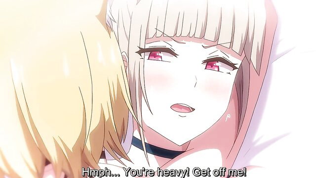 Blonde anime schoolgirl pinned under heavy girl, flushed faces in hentai cosplay