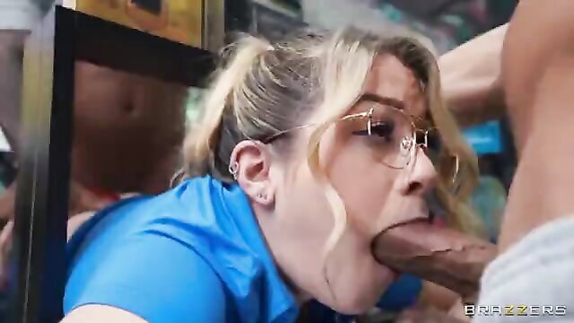 Ashley Alexander sucks big black cock in bodega, blonde babe blowjob