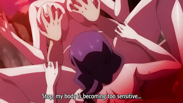 Purple-haired anime girl overwhelmed by multiple hands groping her sensitive nude body