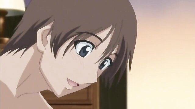 Anime stepmom with brown hair smiles topless at pervy stepson