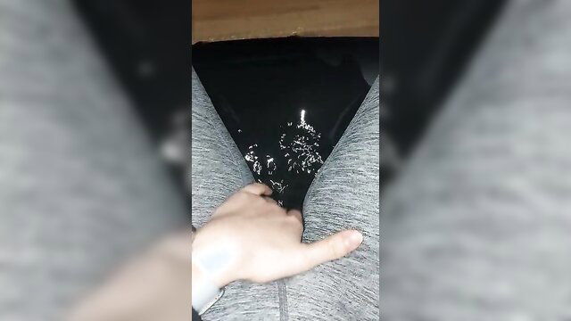 Amateur solo woman messy piss wetting gray sweatpants on chair