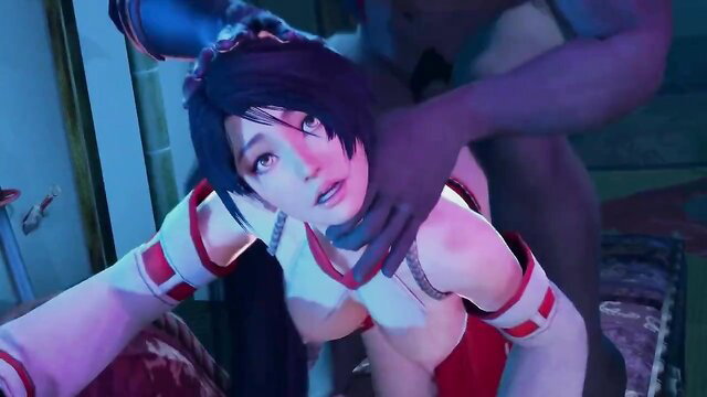 Asian DoA girl in red outfit choked by black hand in 3D porn comp