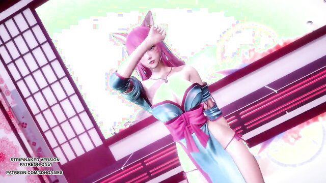 Spirit Blossom Ahri pink hair catgirl in sexy cyan dress striptease dance