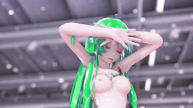 Nude green-haired anime girl MMD hentai 3D dance undressing