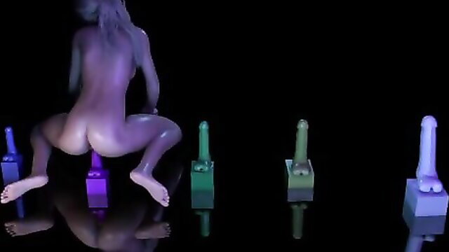 Nude blonde girl squatting over colorful glowing dildos in 3D porn