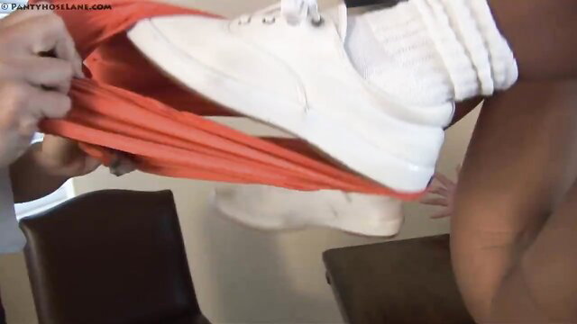 Hooters pantyhose waitress orange shorts pulled down white sneakers socks upskirt