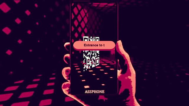 Snapshot Dungeon hentai game bunny girl scans QR on ass phone for entrance