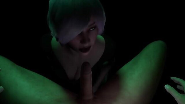 3D POV pale goth girl with white bob hair sucking cock closeup