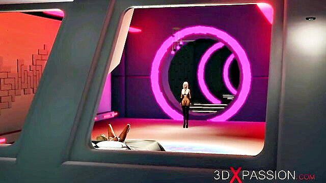 Sexy 3D shemale in lingerie poses by pink portal in space station
