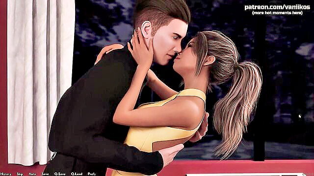 Hot 3D couple kissing passionately, guy embraces busty girl in yellow dress