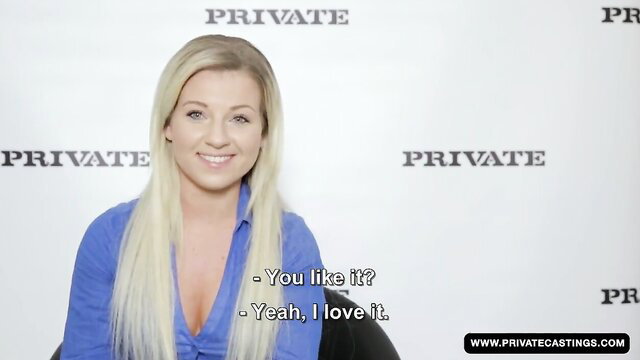 Blonde Lucy smiles in blue top at Private Castings, loves hardcore