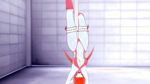 Shermie pole dancing in white lingerie, big tits bouncing, sexy redhead ass up