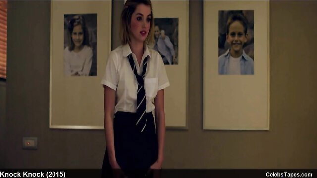 Ana de Armas in sexy schoolgirl uniform short skirt tie