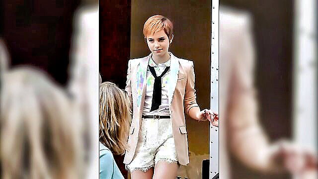 Short-haired tomboy celebrity in sexy suit shorts, jerk off challenge tease