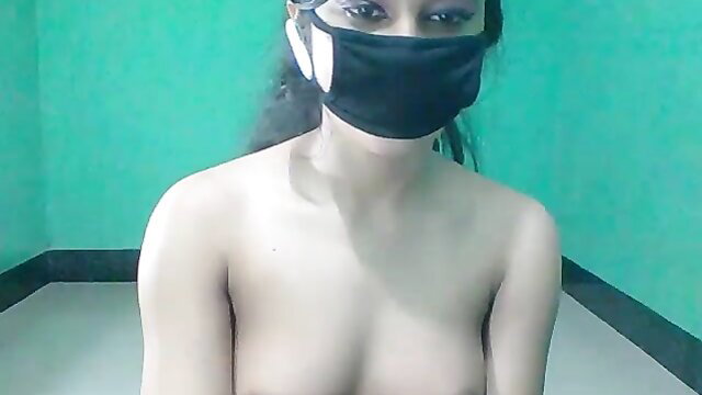 Masked Indian cutie exposes amateur tits on webcam
