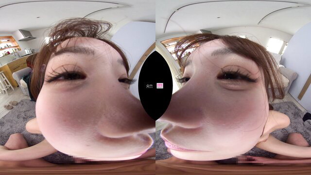 Asian JAV girl close-up fish-eye face tease in kitchen, big lips pout