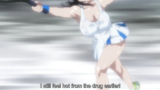 Busty anime schoolgirl in tennis outfit sweating from drug heat