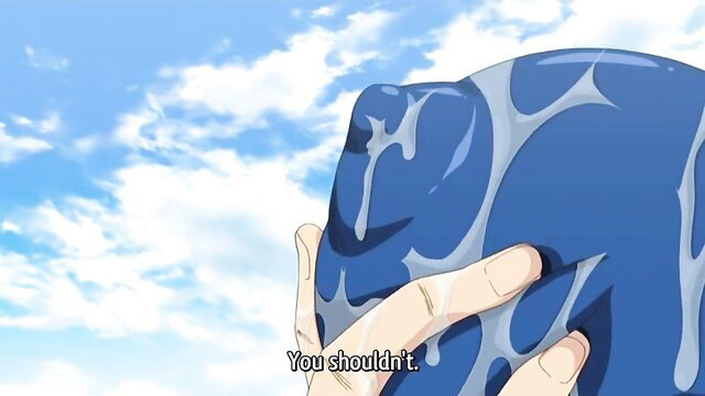 Anime swimsuit girl grabs peeping tom's cock, saying 'You shouldn't'